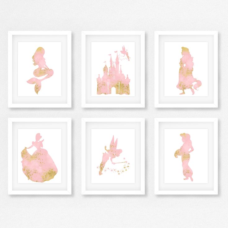 four pink and gold princess silhouettes on white paper with watercolor splashing in the background