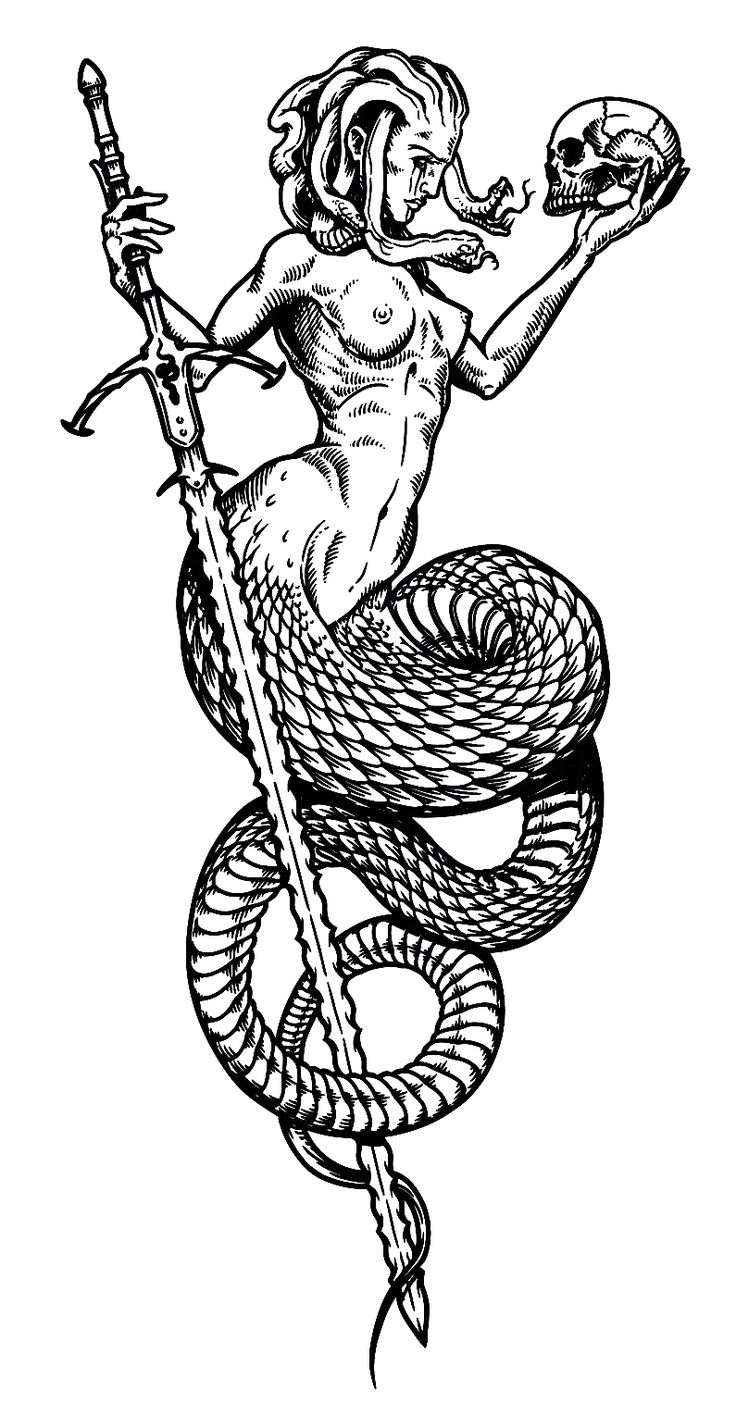 a black and white drawing of a woman holding a spear in her hand, surrounded by snakes