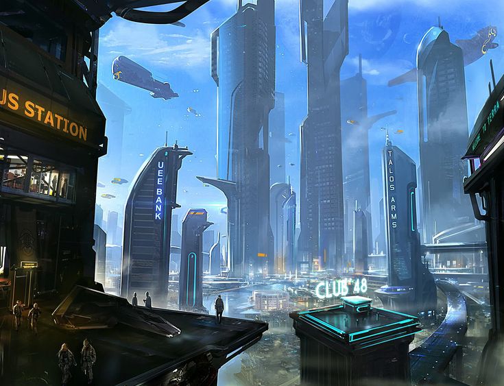 a futuristic cityscape with people standing on the sidewalk and looking at something in the distance