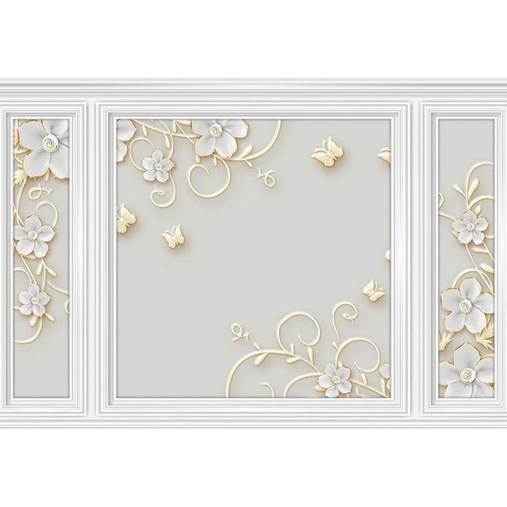 three panels with white flowers and butterflies on them, each paneled in gold foil