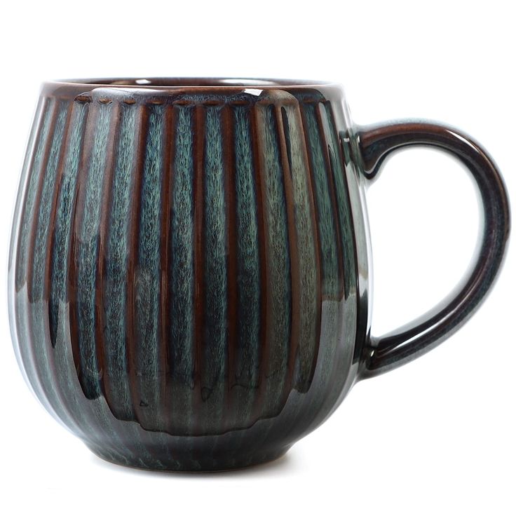 a brown and black striped mug on a white background