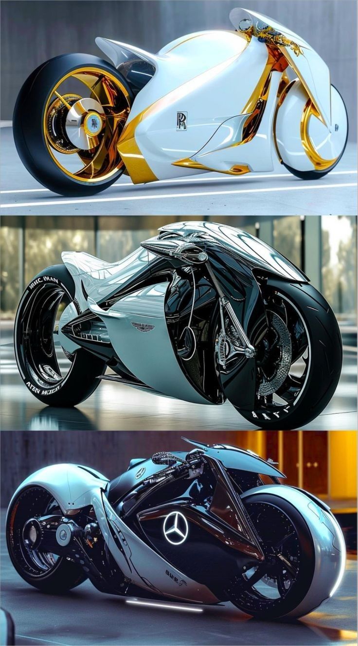 three different views of the same motorcycle, one is white and yellow with gold accents