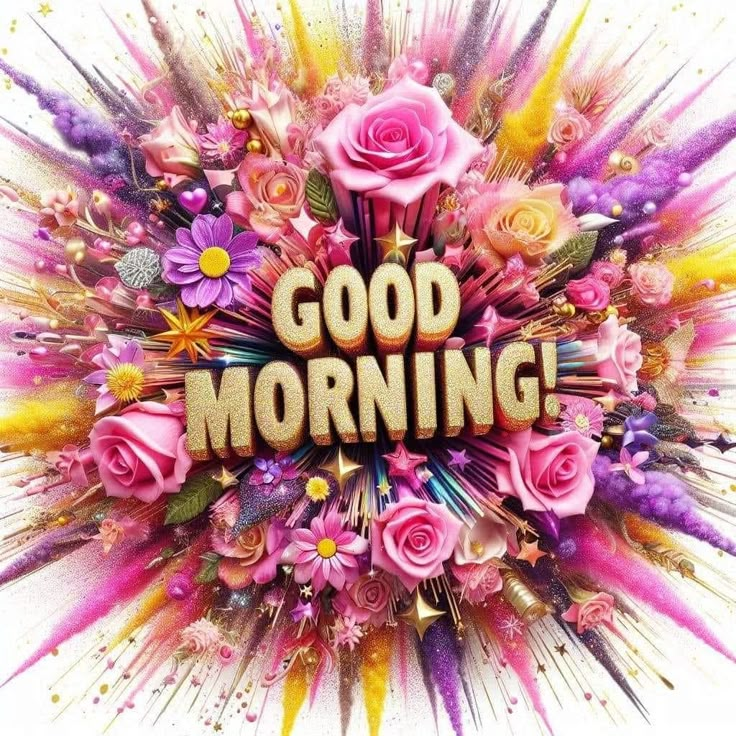 the words good morning surrounded by flowers and sprinkled with colored spray paint on a white background