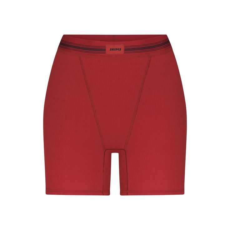 Like his boxers, only cooler. This long-enough pair covers with cool and breathable stretch-cotton and exudes a sporty look with boyfriend-inspired topstitching. Looking for a warmer option? Try the Cotton Rib Leggings. | SKIMS Boxer | Red | Cotton Rib Boxers Women, Dr Wardrobe, Closet Wishlist, Thick Thighs Save Lives, Music Playlists, Shapewear Bodysuit, Ribbed Leggings, Triangle Bralette