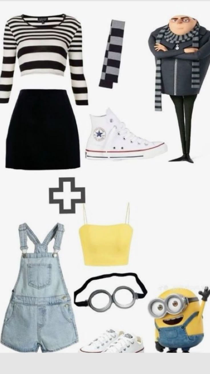 the minion is wearing overalls, striped shirt and black and white top with yellow shorts