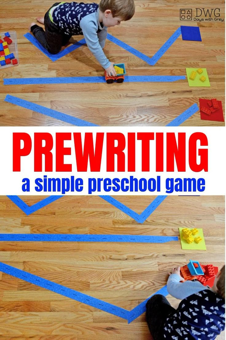 two children playing with blocks on the floor and writing a simple preschool game for kids