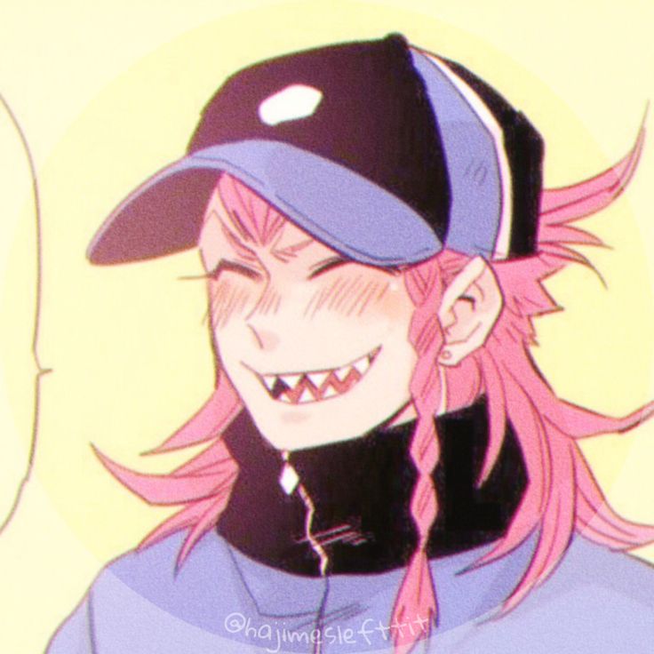 an anime character with pink hair wearing a baseball cap