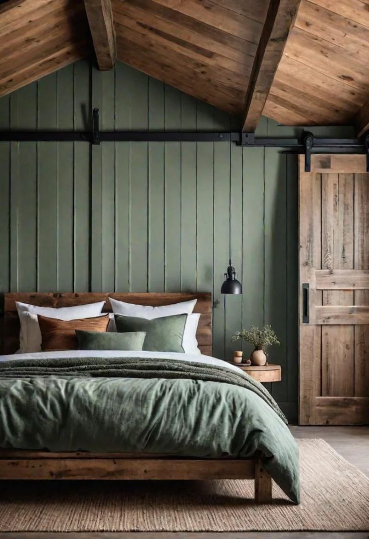 a bed with green sheets and pillows in a room that has wood paneling on the walls