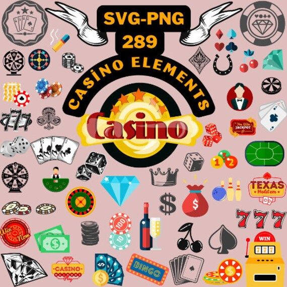 the casino elements are grouped together in this graphic art work, which includes symbols such as cards, dices, and more