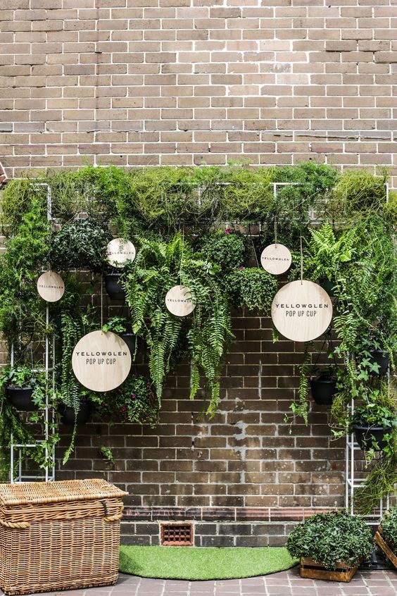 a brick wall with plants growing on it and hanging from the ceiling, in front of a basket