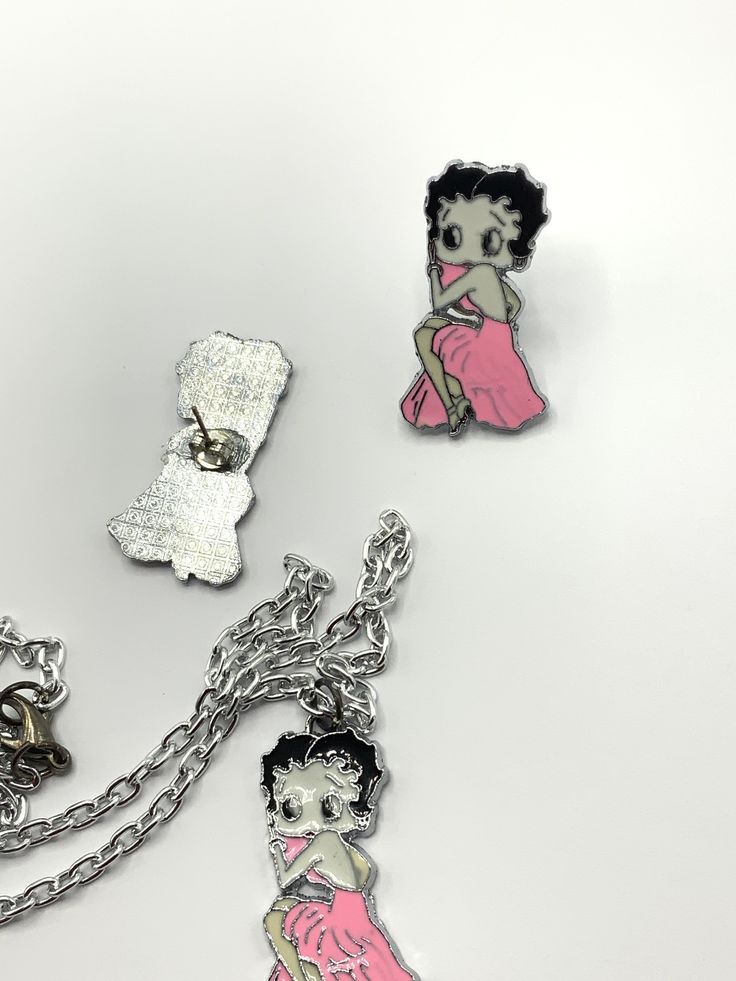 Gorgeous vintage set of Betty Boop with earrings and necklace, enamel, pink dress. Pink Enamel Jewelry For Party, Vintage Enamel Jewelry For Parties, Retro Enamel Jewelry For Party, Retro Pink Jewelry For Gifts, Pink Enamel Party Jewelry, Retro Pink Jewelry Gift, Pink Retro Jewelry For Gifts, Retro Enamel Party Jewelry, Retro Handmade Pink Jewelry