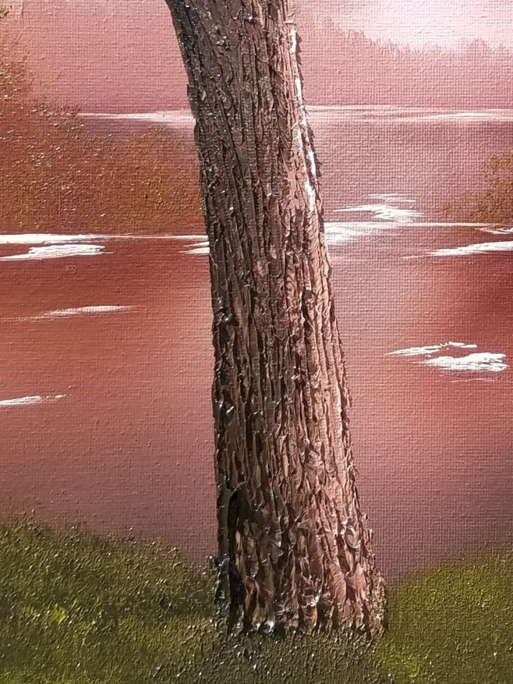 a painting of a tree next to a body of water