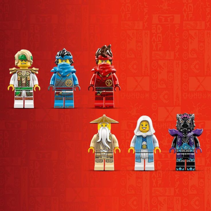 the lego ninjas are all lined up in different colors and sizes, including red