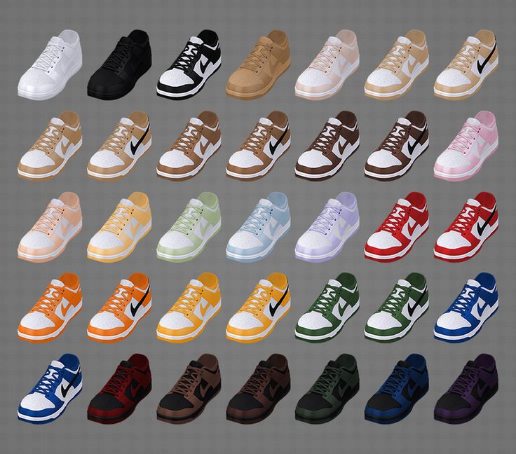 a bunch of different colored shoes on a gray background