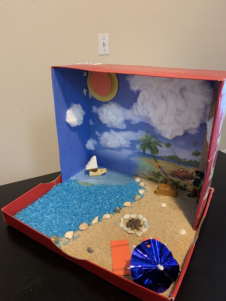 an open cardboard box with a beach scene inside