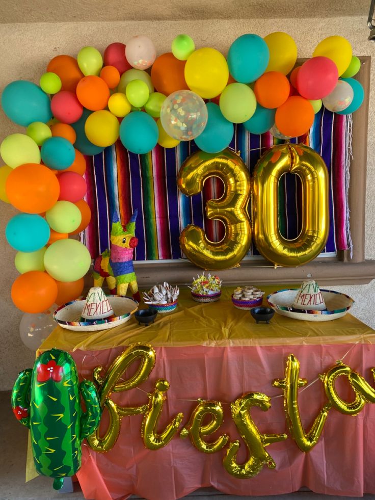 the table is covered with balloons, plates and cups for 30th birthday party guests to eat