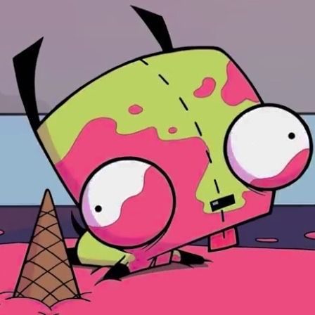 a pink and green cartoon character with an ice cream cone in front of it's face