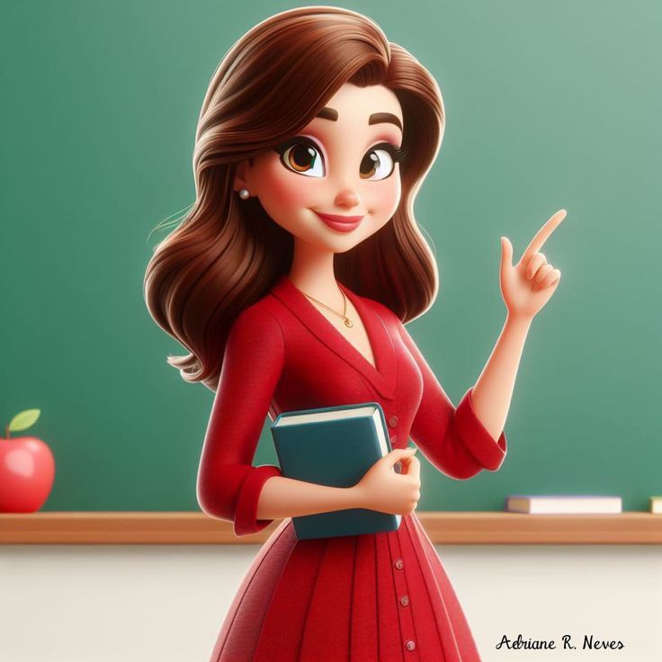 a cartoon girl in a red dress holding a book and pointing to an apple on the chalkboard