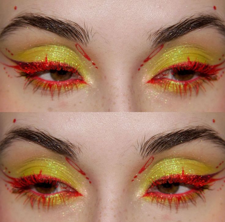 Fire Eye Makeup Look, About Face Eye Paint, Blue And Red Eyeshadow Looks, Creative Lip Makeup, Eyeshadow Inspo Creative, Crazy Eyeliner Looks, Maximalism Makeup, Christmas Eye Looks, Fireworks Makeup