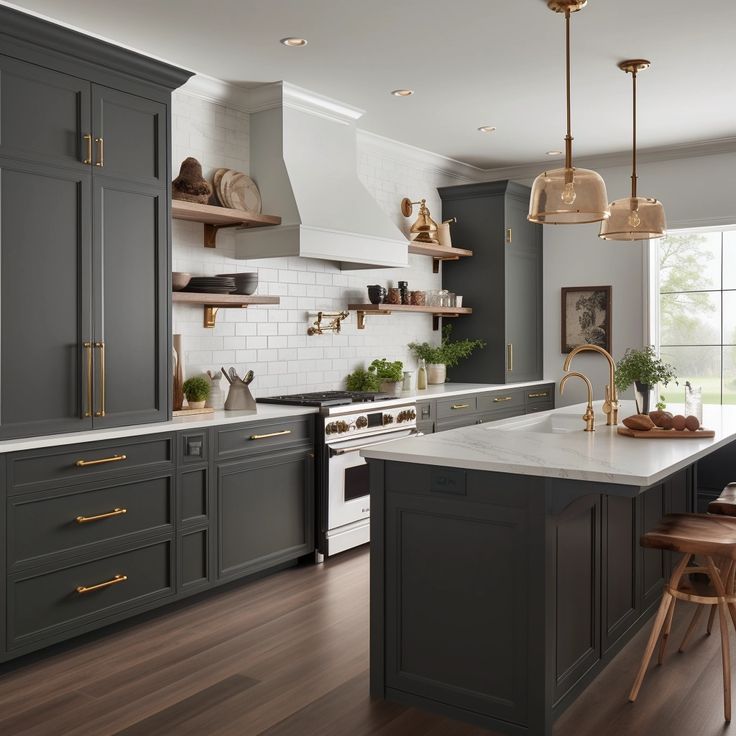 a large kitchen with gray cabinets and white counter tops, wooden flooring and hanging lights