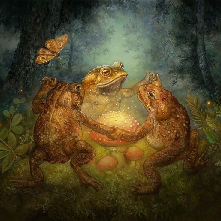 two frogs are playing with each other in the grass and butterflies fly above them, while one frog is on its back