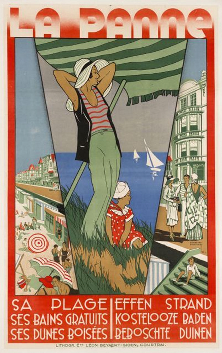 an old poster with people on the beach