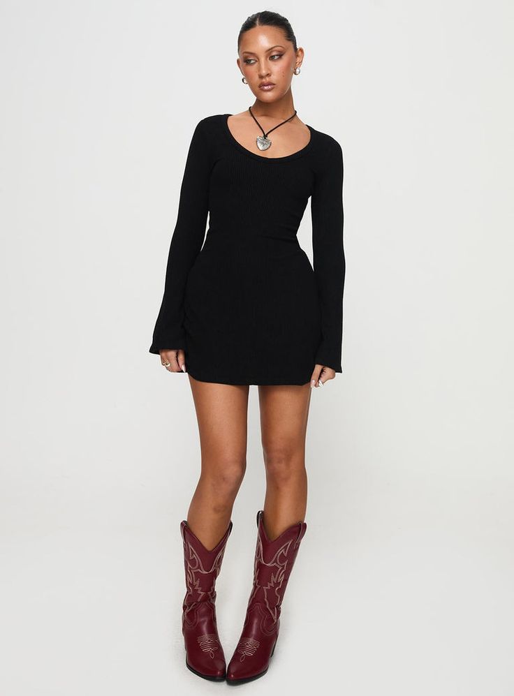 Best Interest Long Sleeve Mini Dress Black Mini Black Long Sleeve Dress, Curvy New Years Dress, 70s Bell Sleeve Dress, Black Long Sleeve Dress With Boots, Maxi Dress With Cardigan Fall, Fall Date Night Dress, Long Dress Boots Outfit, Black Long Sleeve Fit And Flare Mini Dress, Fall Dresses 2024