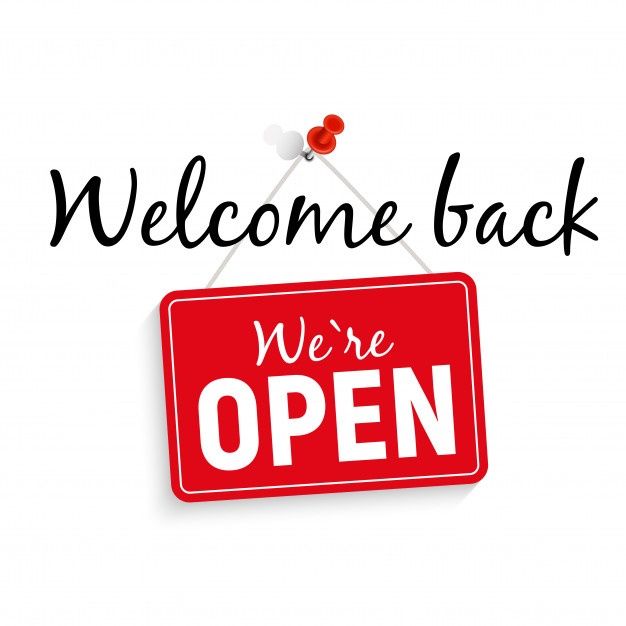 a red sign that says welcome back we're open