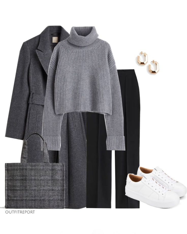 White Trainers Work Outfit, Grey Knitwear Outfits, Styling Grey Coat, Grey Belted Coat Outfit, Grey Roll Neck Jumper Outfit, Grey Winter Jacket Outfit, Lay Out Outfit, Grey Wool Sweater Outfit, Grey And Gold Outfit