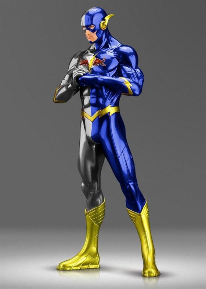 a man in blue and yellow costume standing with his arms crossed