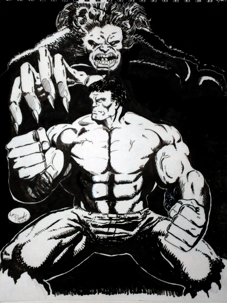 a black and white drawing of a man with his hands on his chest, holding two fists