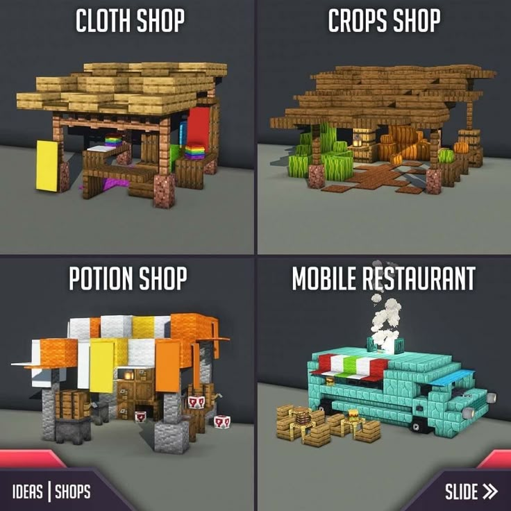 four different types of shops with text describing them