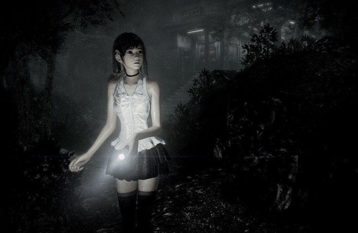 a woman in white shirt and black skirt holding a light on her hand while standing in the dark