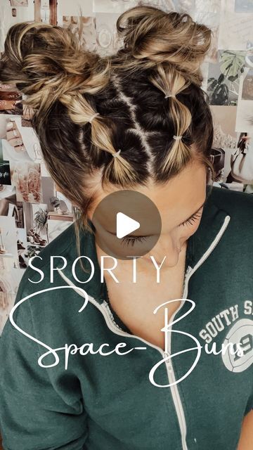 Easy And Cute Hair Styles, Sporty Space Buns, Field Day Hairstyles School, Crazy Hair Day Teacher Ideas, No Braid Hairstyles Easy Sports, Easy Women Hairstyles, Bubble Braid On Curly Hair, Cute Hairstyles For Medium Hair Updos, Gymnastics Hairstyles For Competition Easy