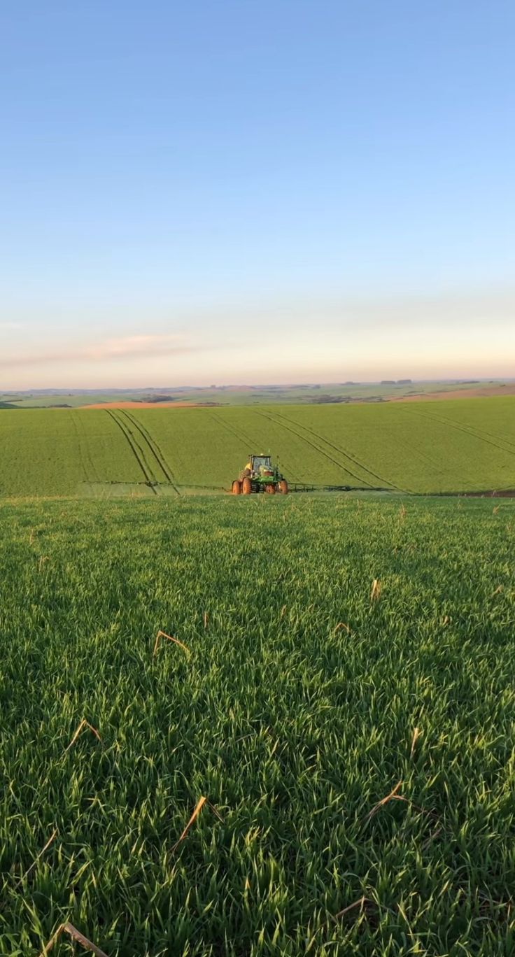 a tractor is driving through the middle of a large field with green grass in front of it