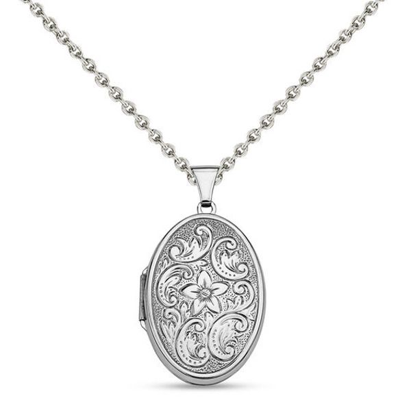 Choose this smaller oval locket to complement her stature. Crafted in sterling silver, this scrollworked oval design features a detailed floral pattern. Poised to become a favorite, this charming choice opens to reveal space for a small photo or memento. Buffed to a brilliant luster, this locket suspends along an 18.0-inch cable chain that secures with a lobster claw clasp. Elegant White Gold Oval Link Locket Necklace, Heirloom Silver Locket Necklace With Oval Pendant, Elegant Silver Oval Link Locket Necklace, Silver Locket Necklace With Intricate Design For Formal Occasions, Elegant Etched Oval Locket Necklace, Elegant Oval Etched Locket Necklace, Silver Oval Pendant With Intricate Design, Classic Oval Necklace With Intricate Design, Classic Antique Silver Oval Necklace