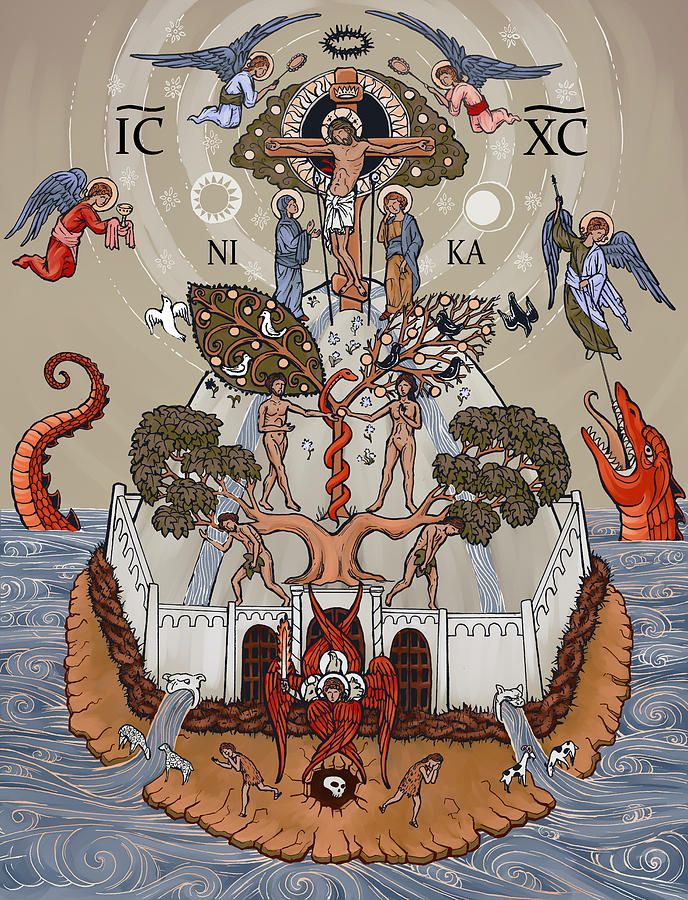 an image of the tree of life surrounded by birds and other animals on top of water