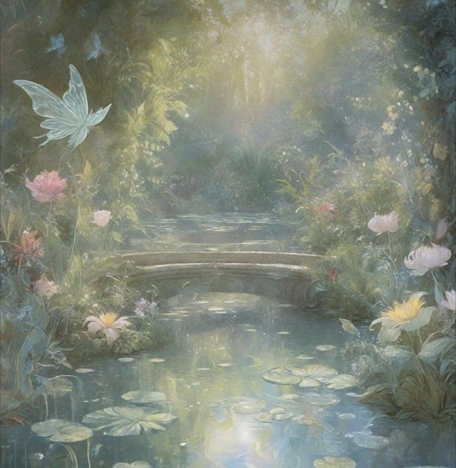 a painting of a bridge over a pond with water lillies and butterflies flying around