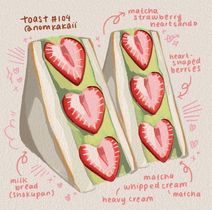 two slices of toast with strawberries in the shape of heart on top and words written below