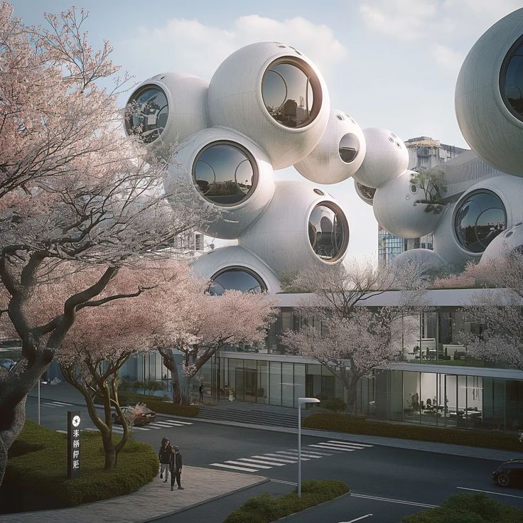 people walking on the sidewalk in front of an unusual building with round windows and trees