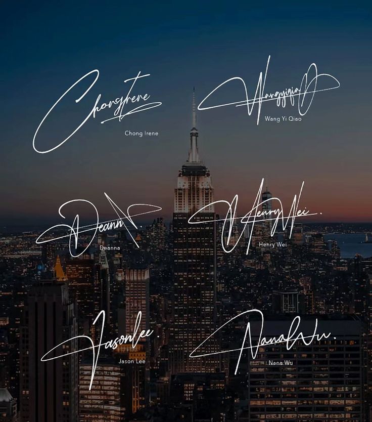 an image of the city skyline with signatures on it's side in white ink