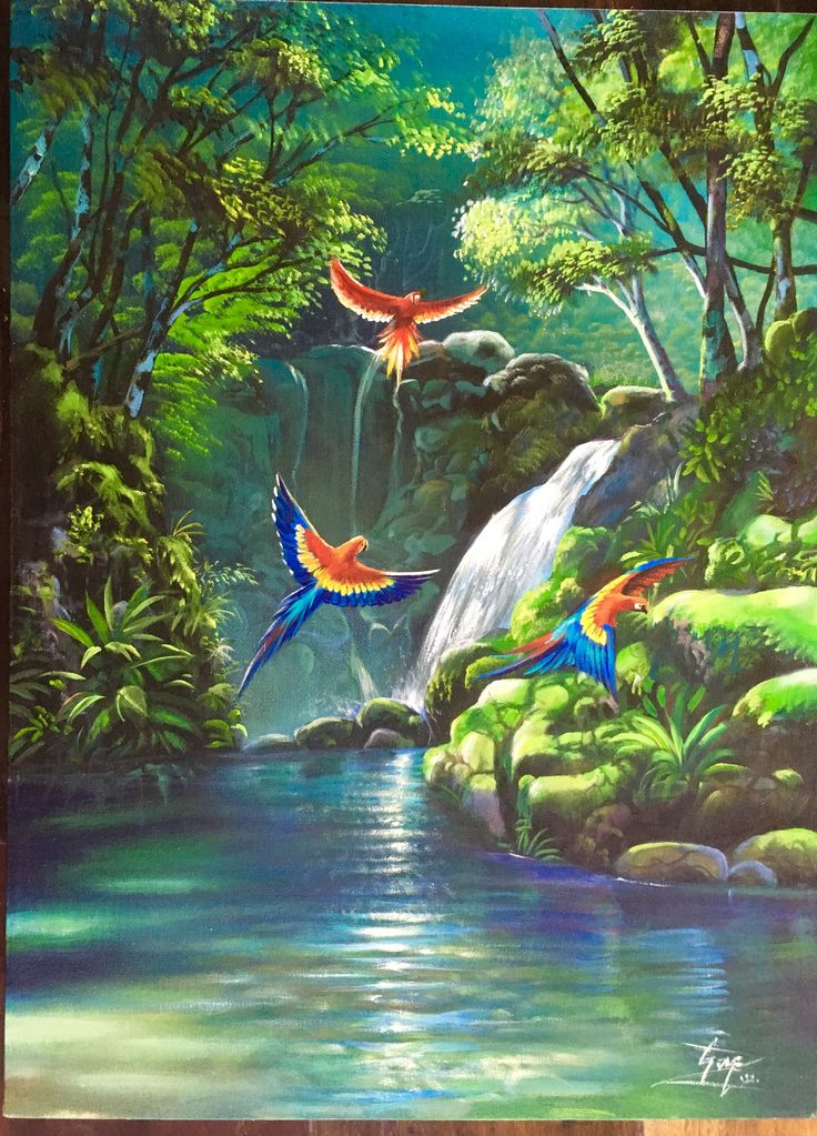 a painting of birds flying over a waterfall