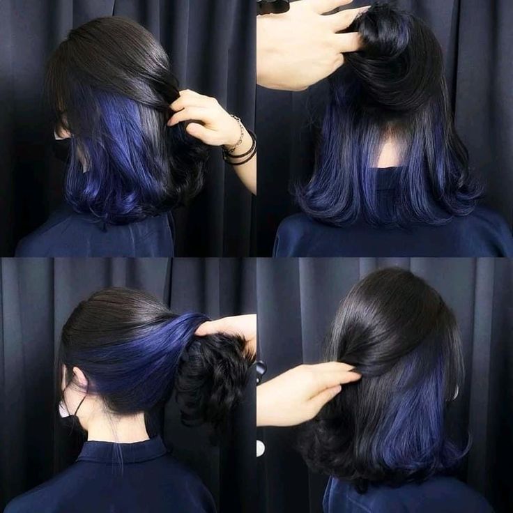 Underneath Blue Hair, Hair Color Underneath Blue, 2022 Hair Color, Under Hair Color, Blue Hair Highlights, Hidden Hair Color, Short Hair Blue, Peekaboo Hair Colors, Korean Hair Color