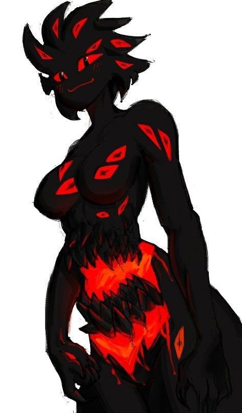 a drawing of a woman with red flames on her body and hands behind her back