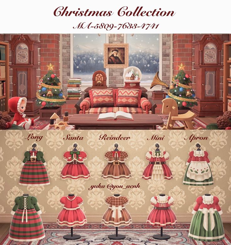 the christmas collection is on display in front of a couch and other furniture, including dolls