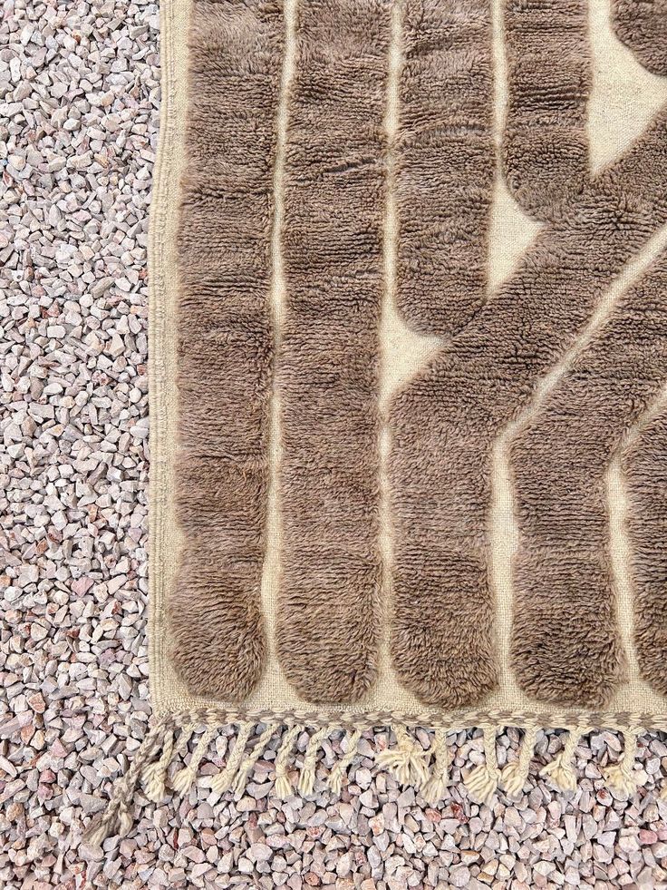 a brown rug on the ground with rocks and gravel around it that has an animal's shadow painted on it