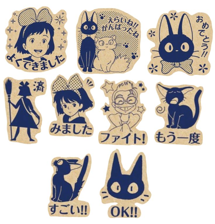 an assortment of stickers with various characters and words written in japanese on the back