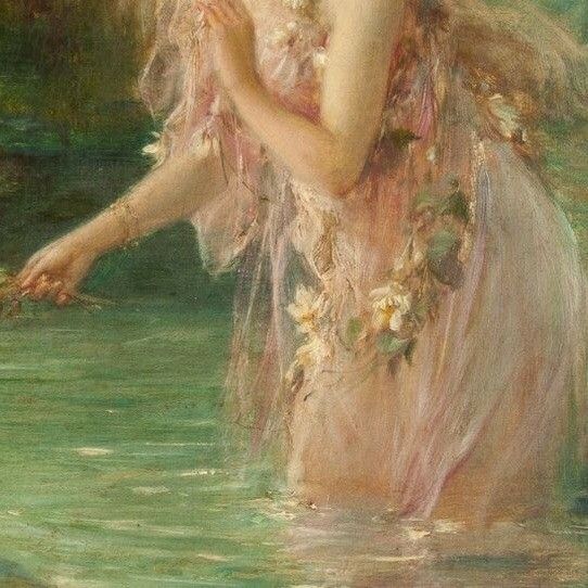 a painting of a woman in the water with flowers on her head and flowing hair