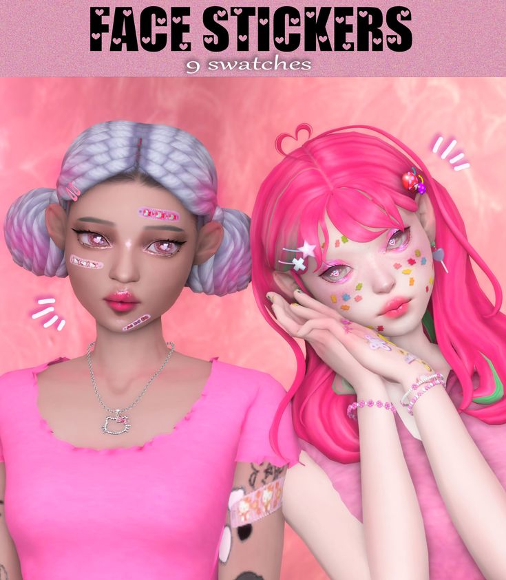 two girls with pink hair and face stickers on their faces, one is holding her hand up to the other