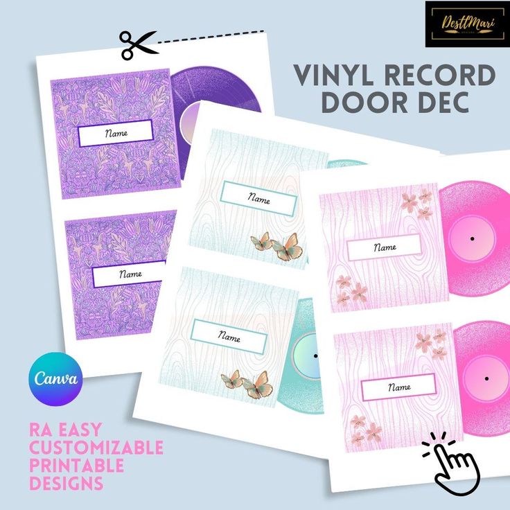 the vinyl record door decals are shown in three different colors and sizes, with one being